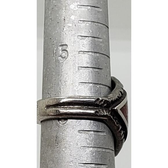 Vintage Native American Navajo Turquoise Coral Inlay Sterling Silver Ring 5.75 - Picture 7 of 7
